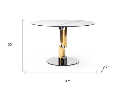 47" White Gold and Silver Ceramic and Stainless Steel Pedestal Base Round Top Dining Table
