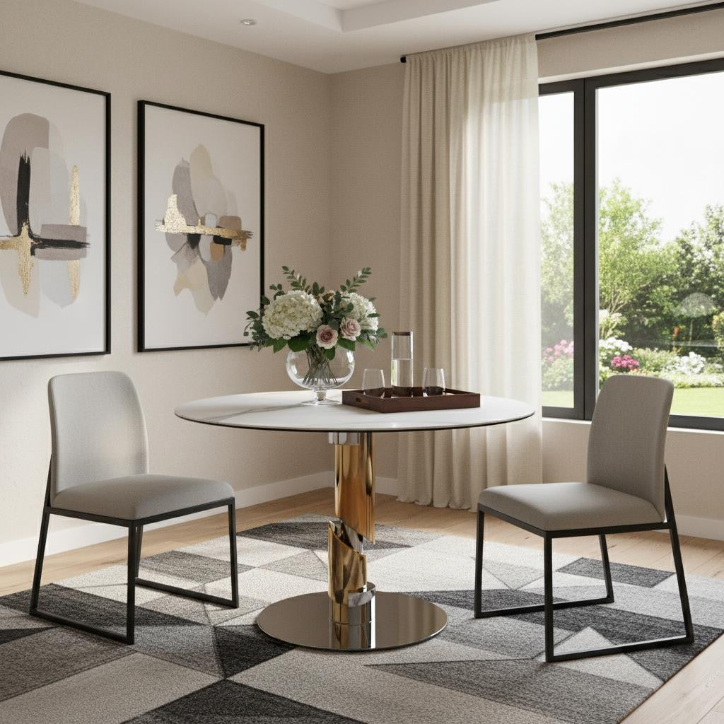 47" White Gold and Silver Ceramic and Stainless Steel Pedestal Base Round Top Dining Table