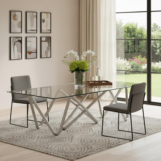 142" Clear and Silver Glass and Stainless Steel Double Pedestal Base Dining Table