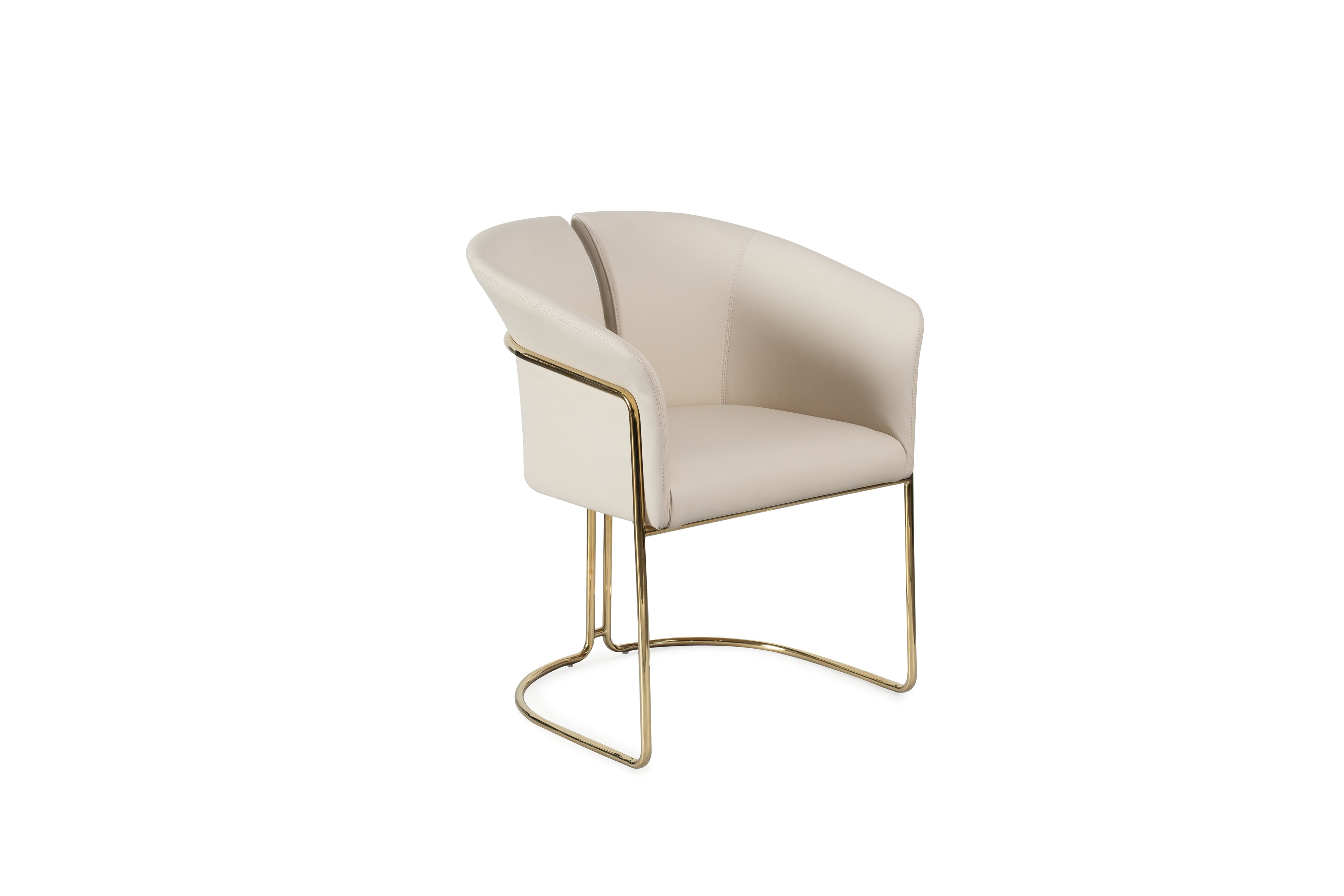 Beige and Gold Faux Leather and Metal Partially Open Back Dining Arm Chair