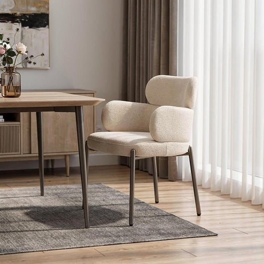 Taupe and Gray Boucle and Steel Dining Arm Chair