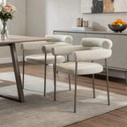 Set of Two Light Gray and Black Boucle and Stainless Steel Partially Open Back Dining Arm Chairs