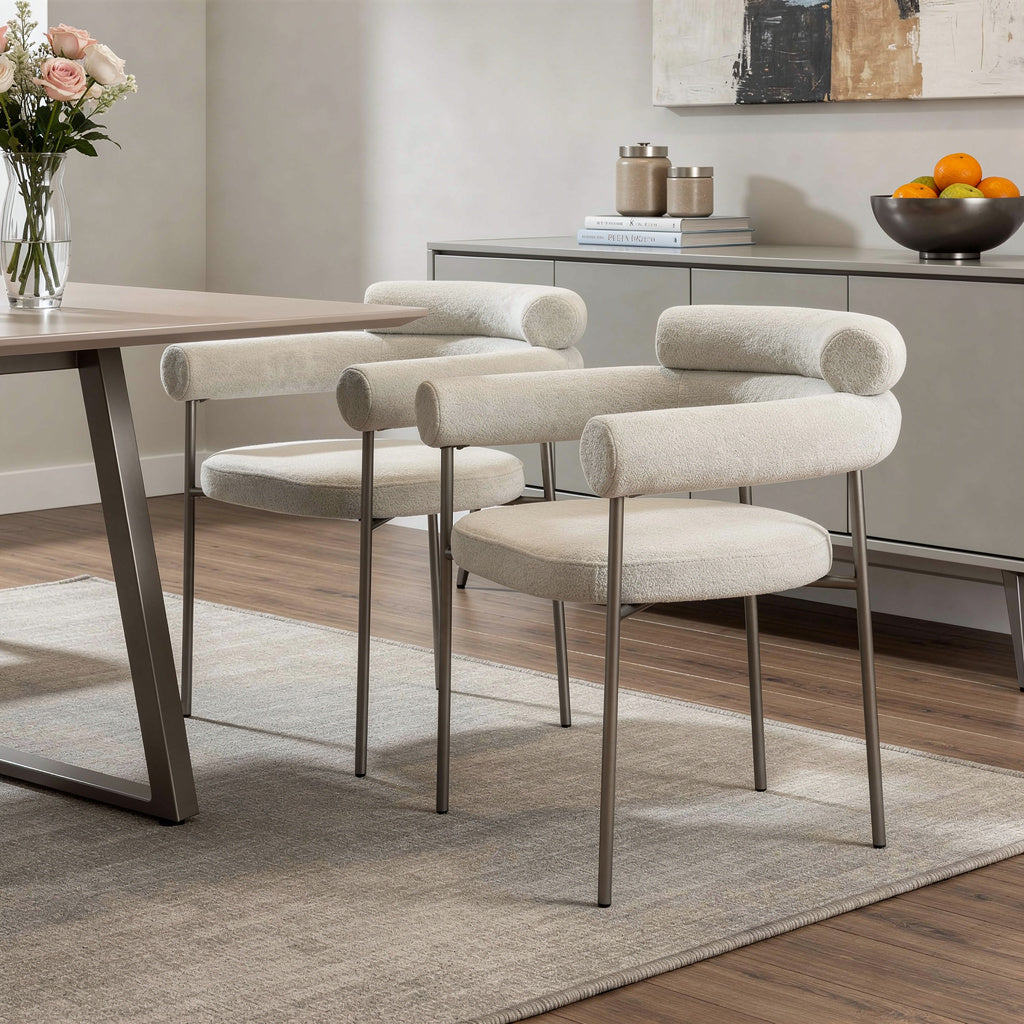 Set of Two Light Gray and Black Boucle and Stainless Steel Partially Open Back Dining Arm Chairs