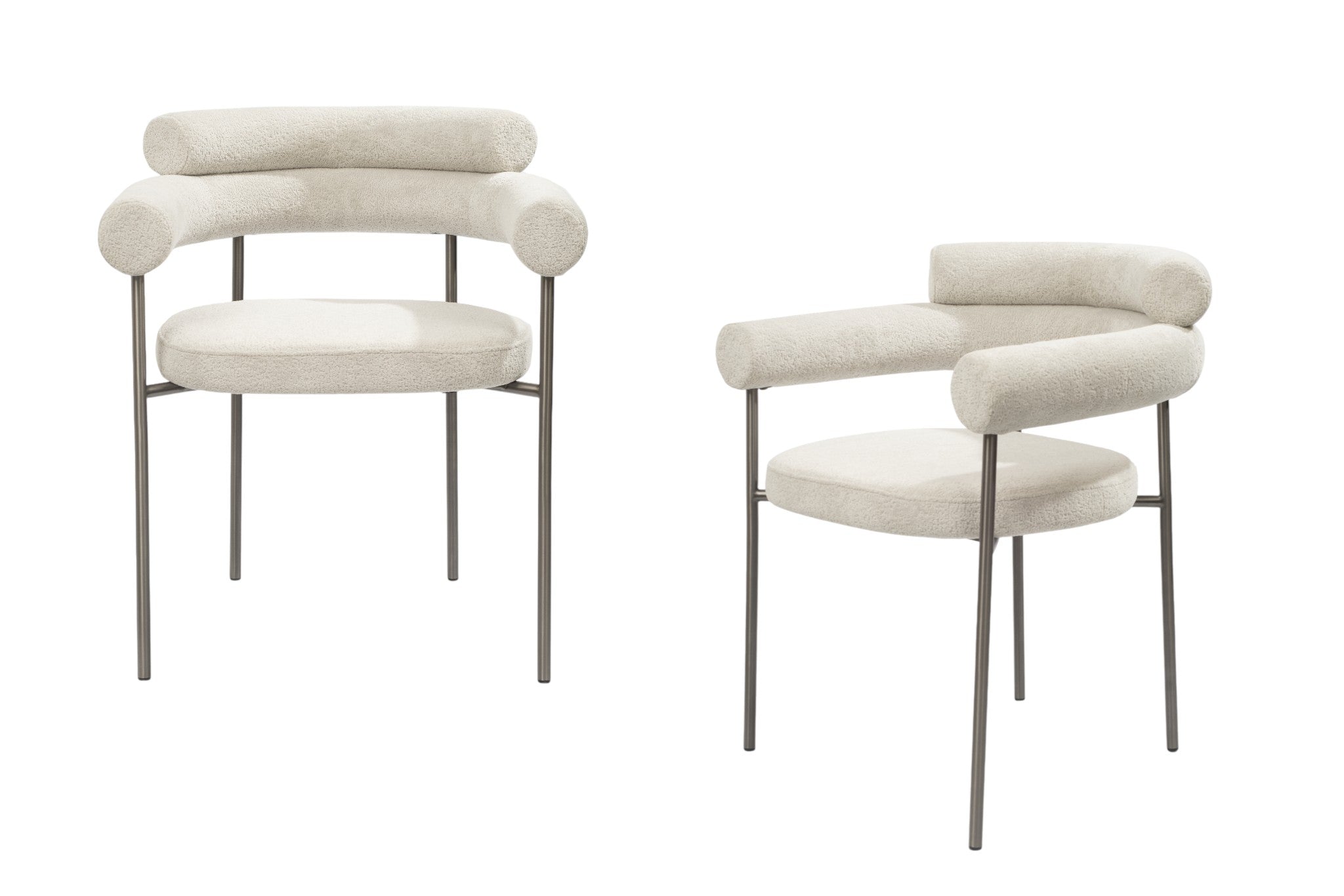 Set of Two Light Gray and Black Boucle and Stainless Steel Partially Open Back Dining Arm Chairs