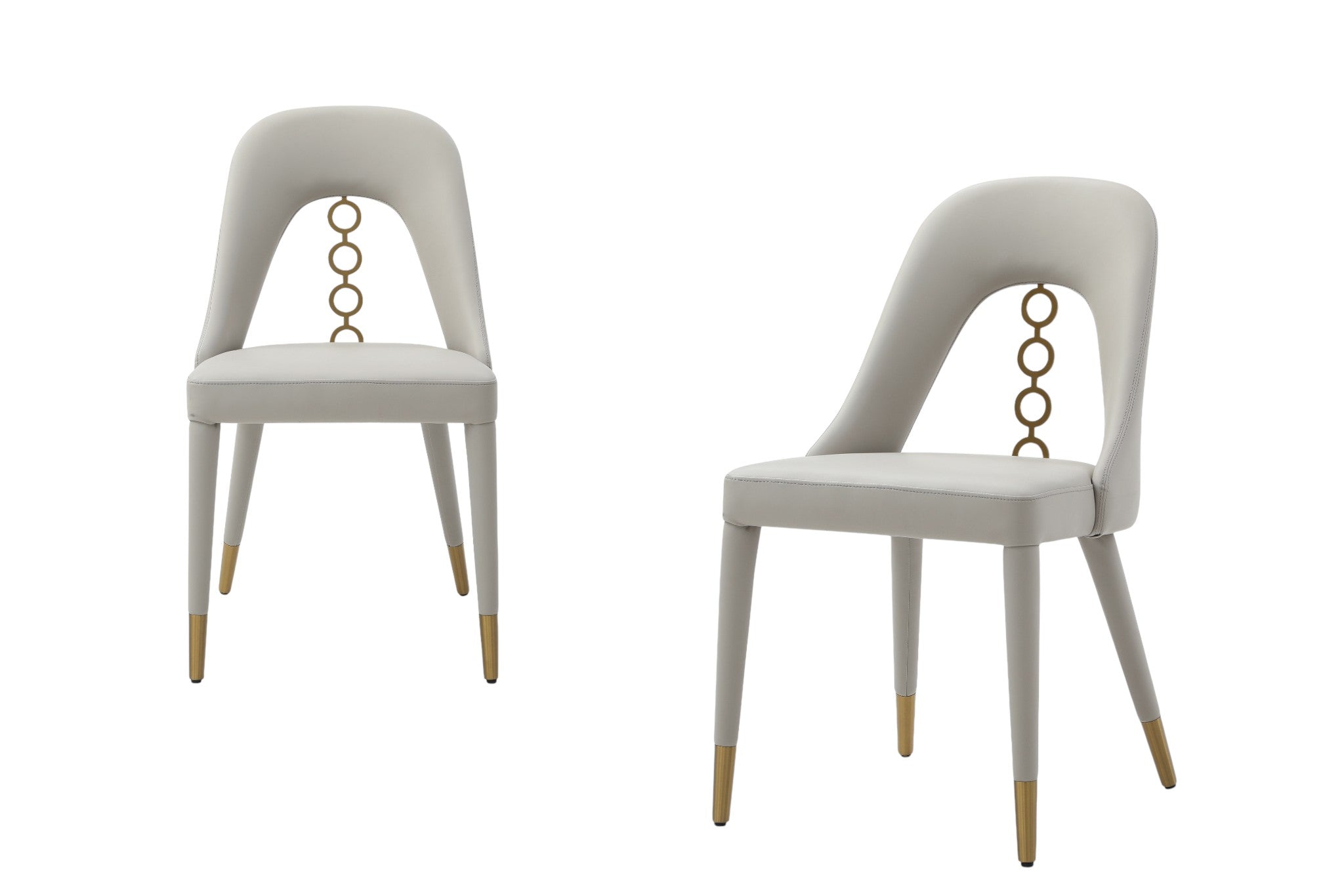 Set of Two Light Gray and Gold Faux Leather and Stainless Steel Open Back Dining Side Chairs