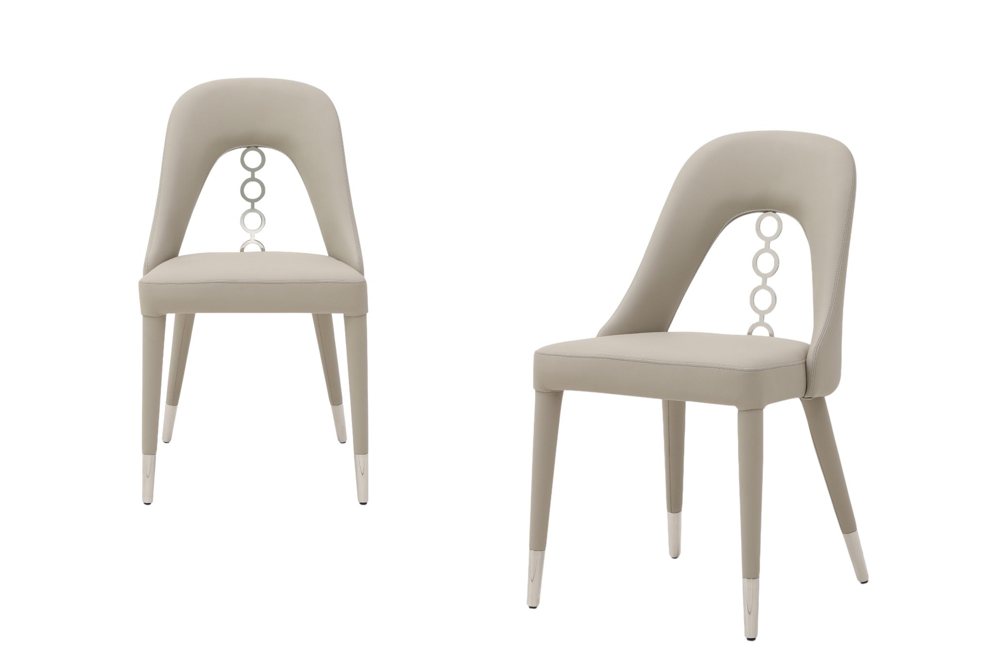 Set of Two Light Gray and Silver Faux Leather and Stainless Steel Open Back Dining Side Chairs