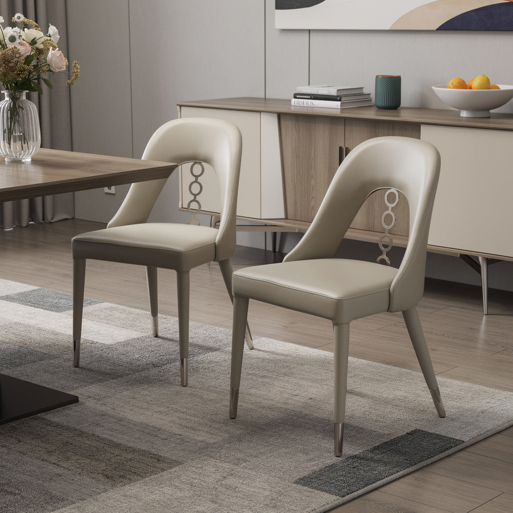 Set of Two Light Gray and Silver Faux Leather and Stainless Steel Open Back Dining Side Chairs