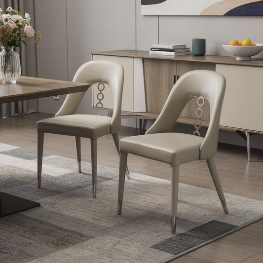 Set of Two Light Gray and Silver Faux Leather and Stainless Steel Open Back Dining Side Chairs