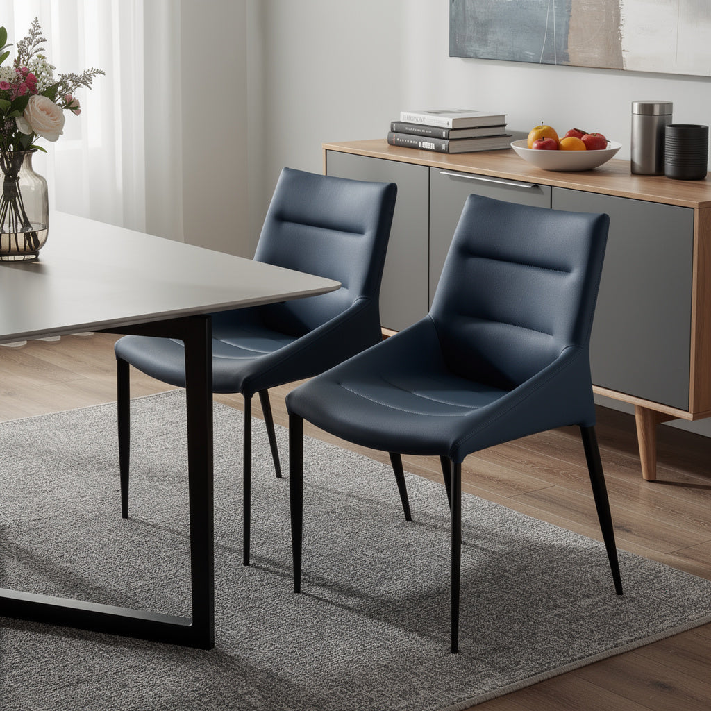 Set of Two Navy Blue and Black Faux Leather and Metal Dining Side Chairs