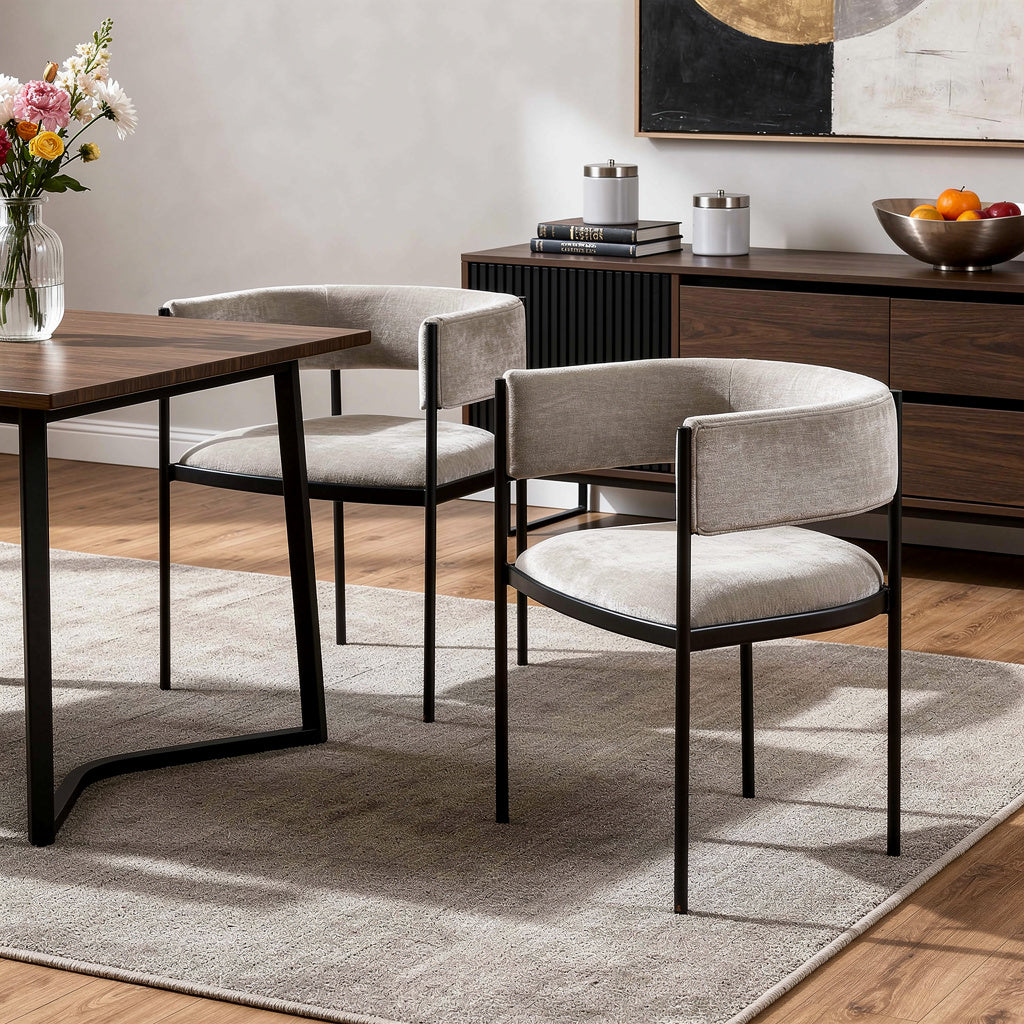 Set of Two Light Gray and Black Fabric and Steel Open Back Dining Arm Chairs