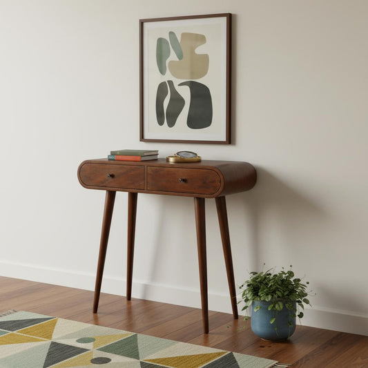 35" Brown Solid Wood Solid Console Table And With Two Drawers