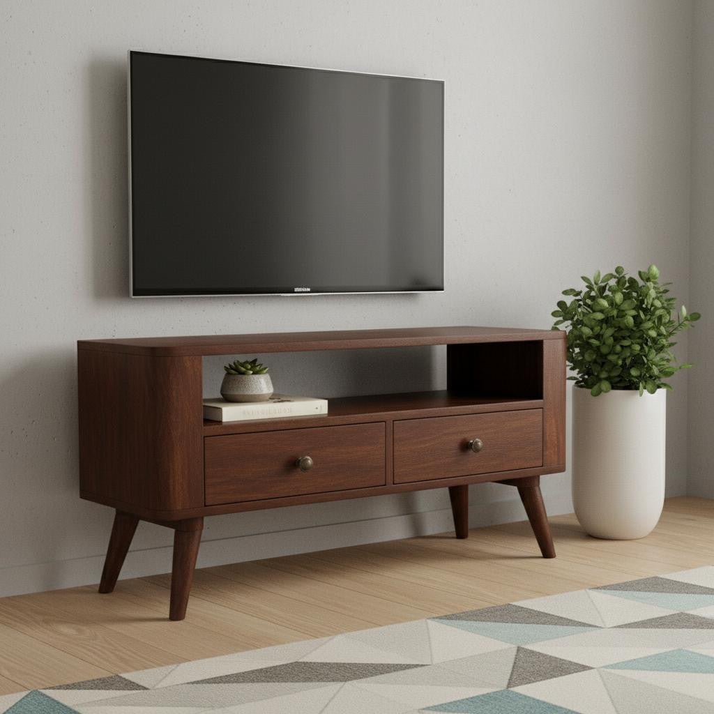 35" Brown Solid Wood Enclosed and Open Storage TV Stand