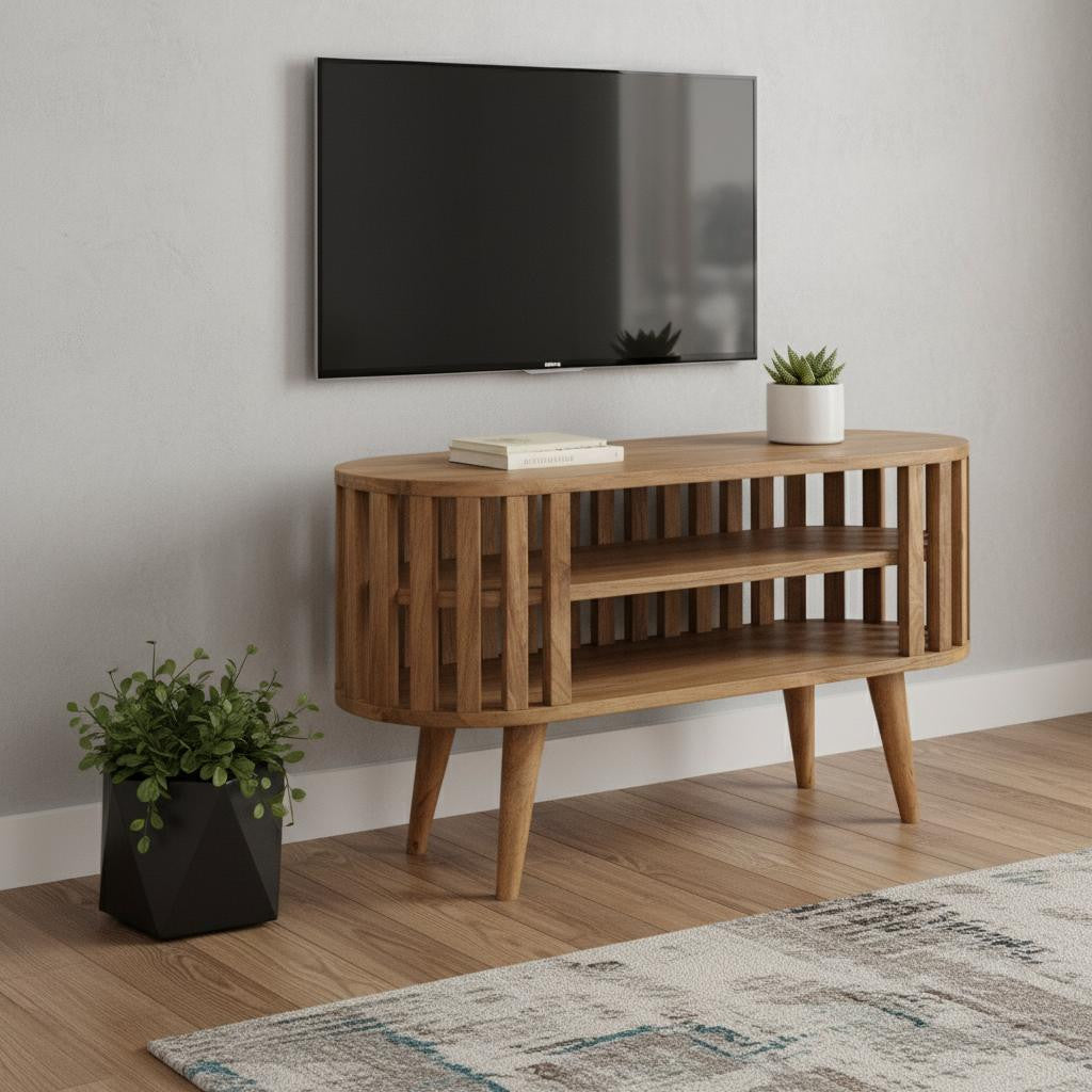 35" Brown Solid Wood Enclosed and Open Storage TV Stand