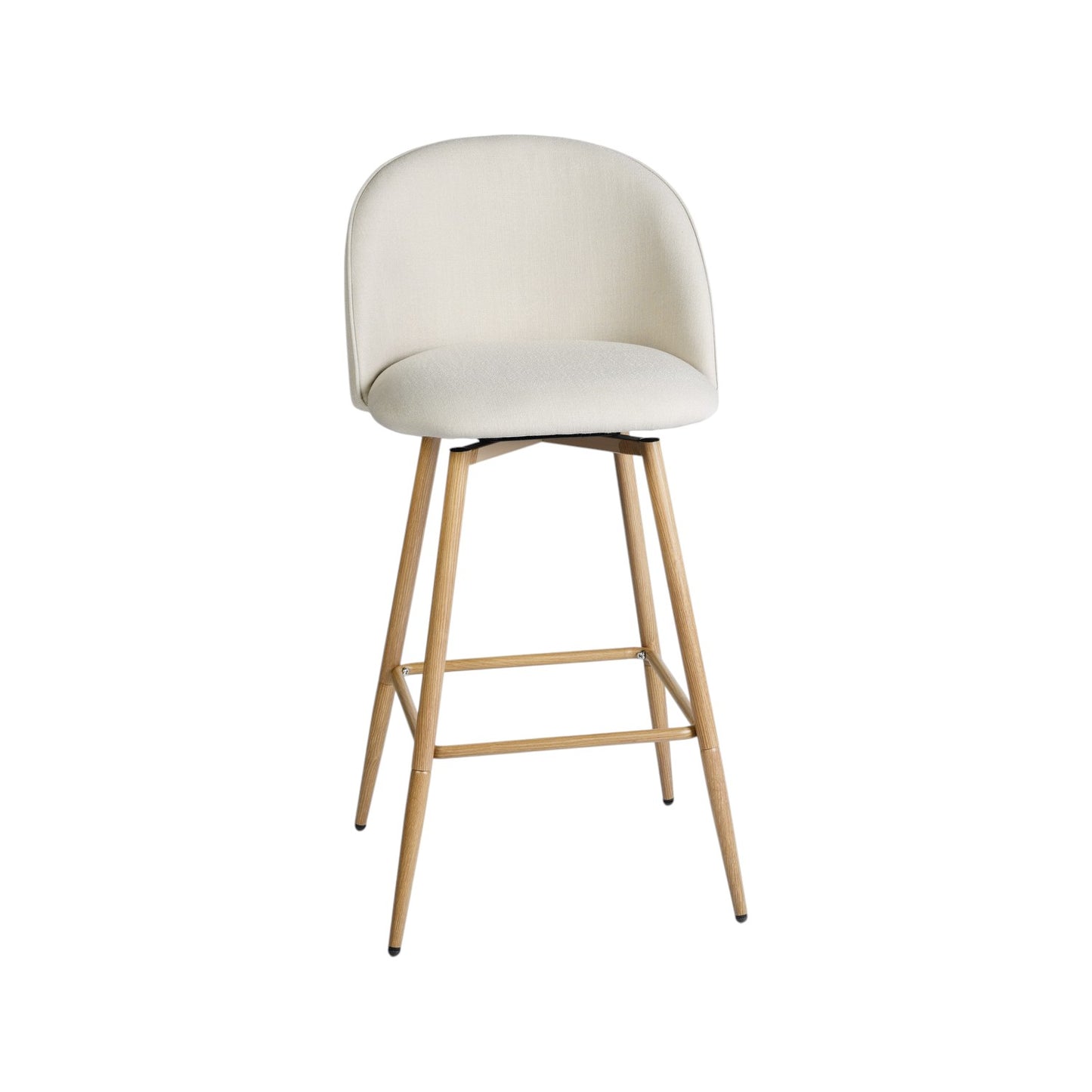 Set of Two 27" Beige and Oak Fabric and Metal Counter Height Swivel Bar Chairs