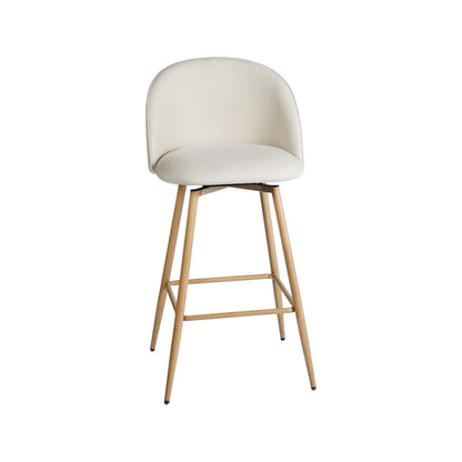 Set of Two 27" Beige and Oak Fabric and Metal Counter Height Swivel Bar Chairs