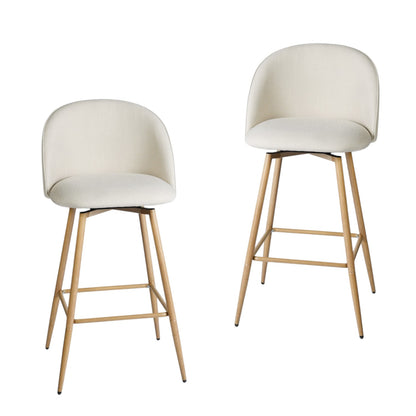 Set of Two 27" Beige and Oak Fabric and Metal Counter Height Swivel Bar Chairs