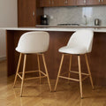 Set of Two 27" Beige and Oak Fabric and Metal Counter Height Swivel Bar Chairs