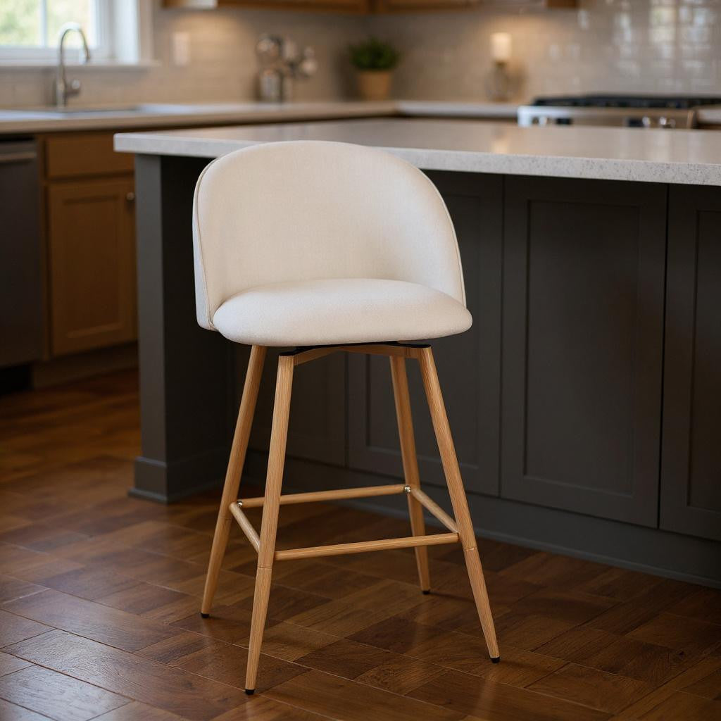Set of Two 27" Beige and Oak Fabric and Metal Counter Height Swivel Bar Chairs