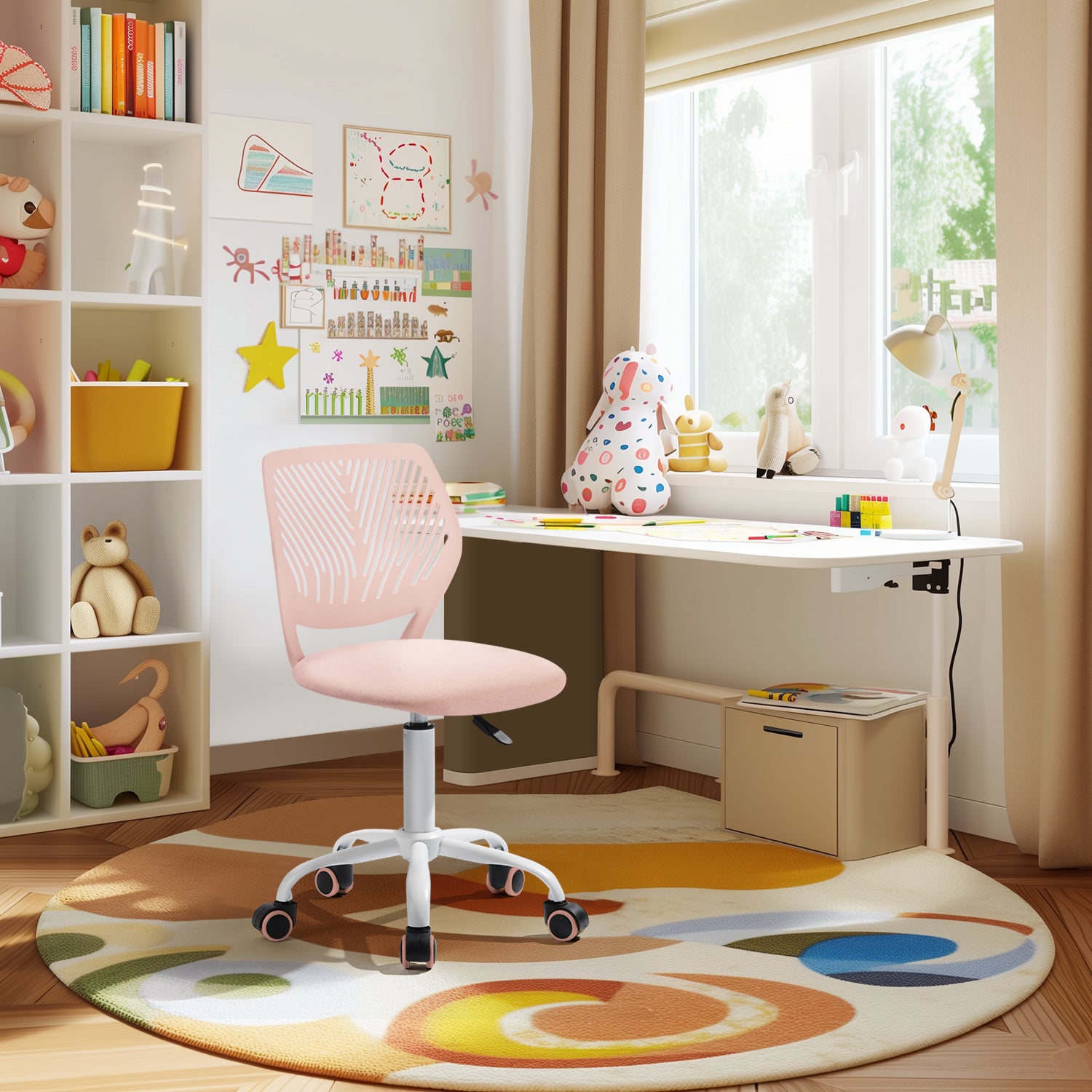 Pale Pink and White Adjustable Height Swivel Rolling Office Chair