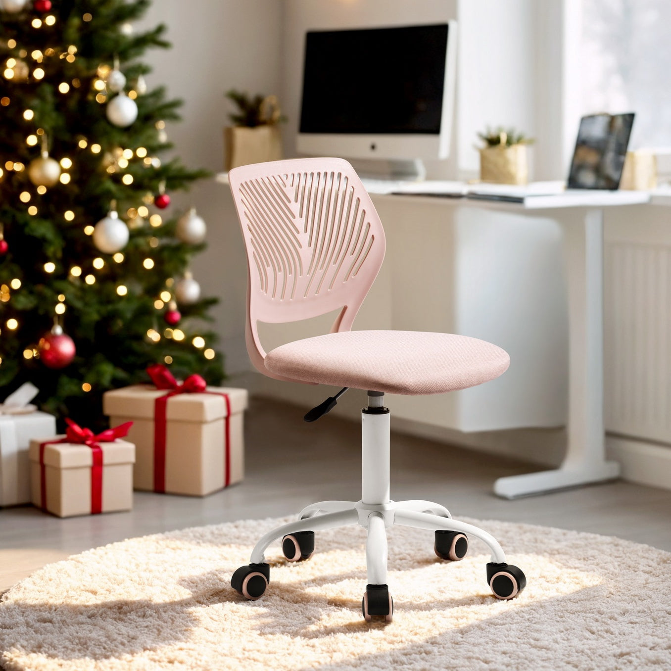 Pale Pink and White Adjustable Height Swivel Rolling Office Chair