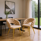 Set of Two Beige and Gold Velvet and Metal Partially Open Back Dining Side Chairs