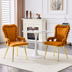 Set of Two Orange and Gold Velvet and Metal Partially Open Back Dining Arm Chairs