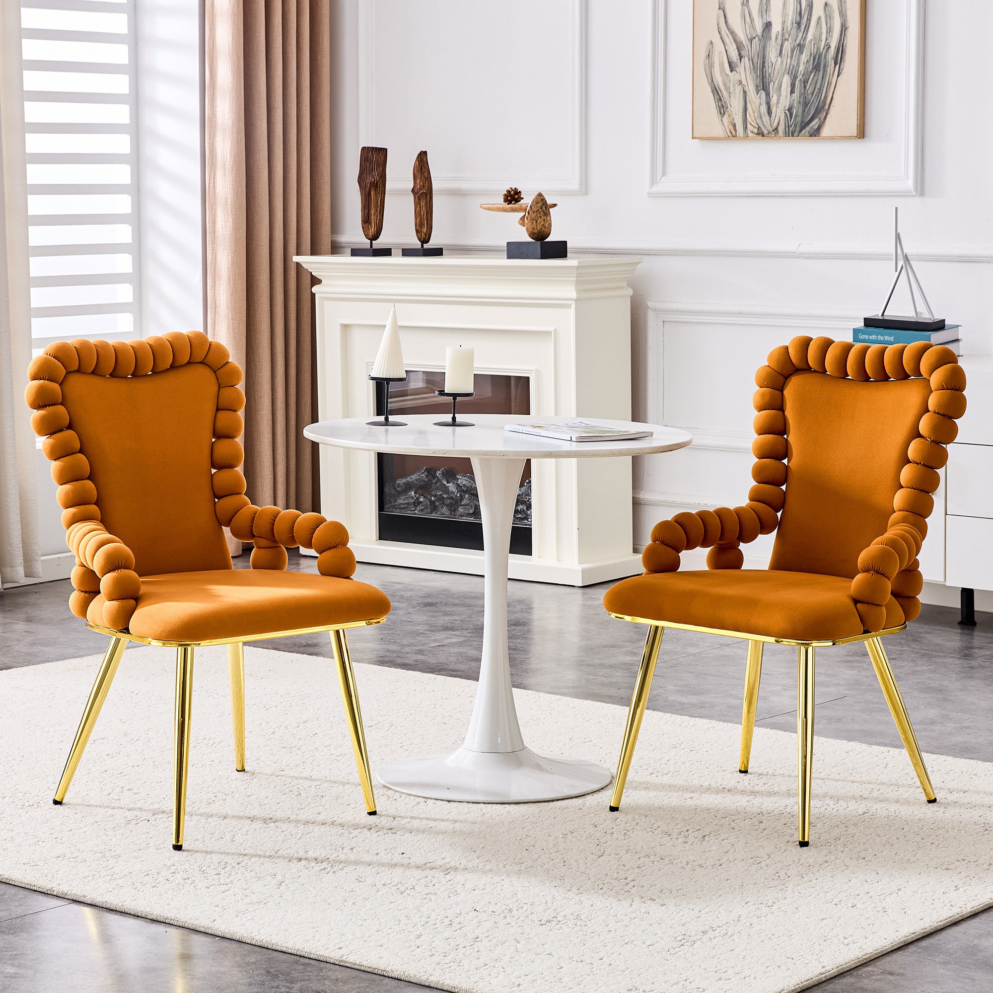 Set of Two Orange and Gold Velvet and Metal Partially Open Back Dining Arm Chairs