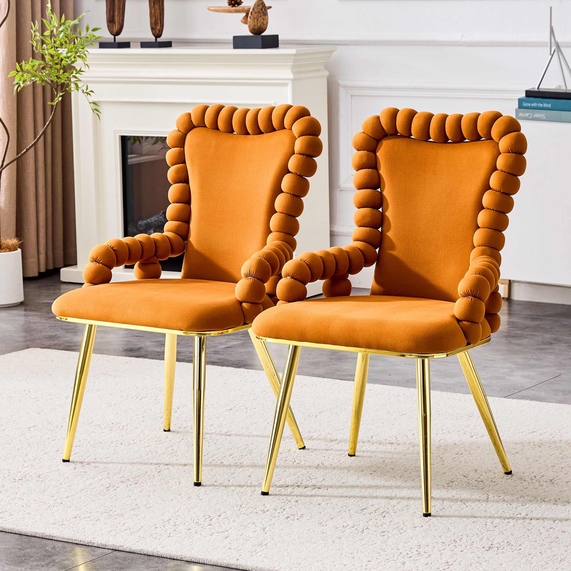 Set of Two Orange and Gold Velvet and Metal Partially Open Back Dining Arm Chairs