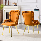 Set of Two Orange and Gold Velvet and Metal Partially Open Back Dining Arm Chairs