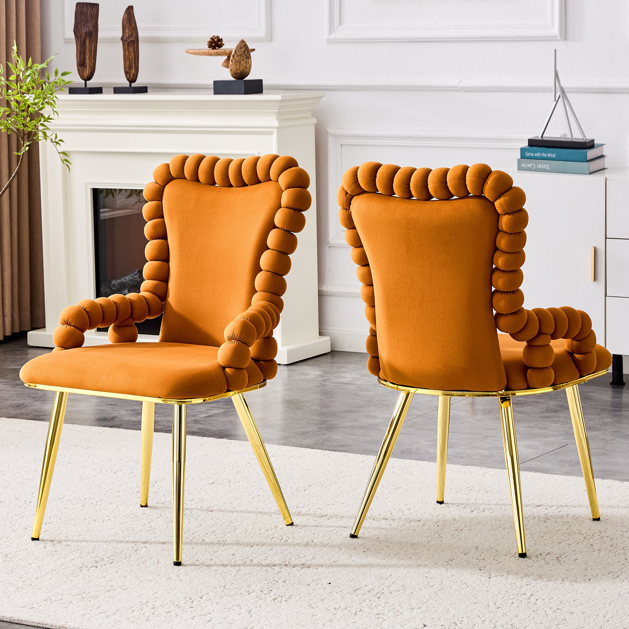 Set of Two Orange and Gold Velvet and Metal Partially Open Back Dining Arm Chairs