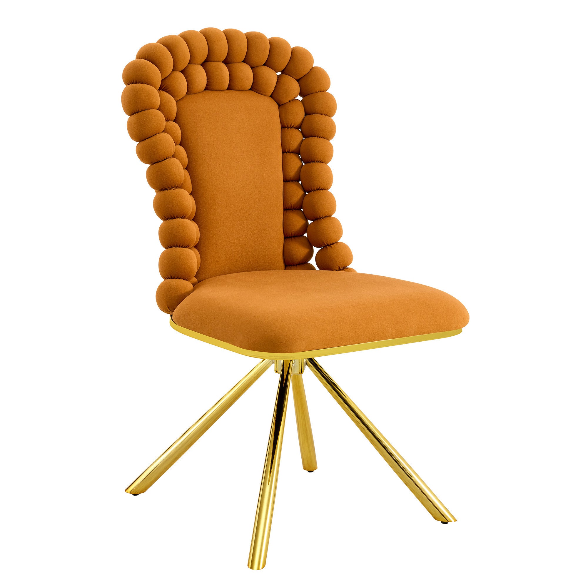 Set of Two Orange and Gold Velvet and Metal Partially Open Back Dining Side Chairs