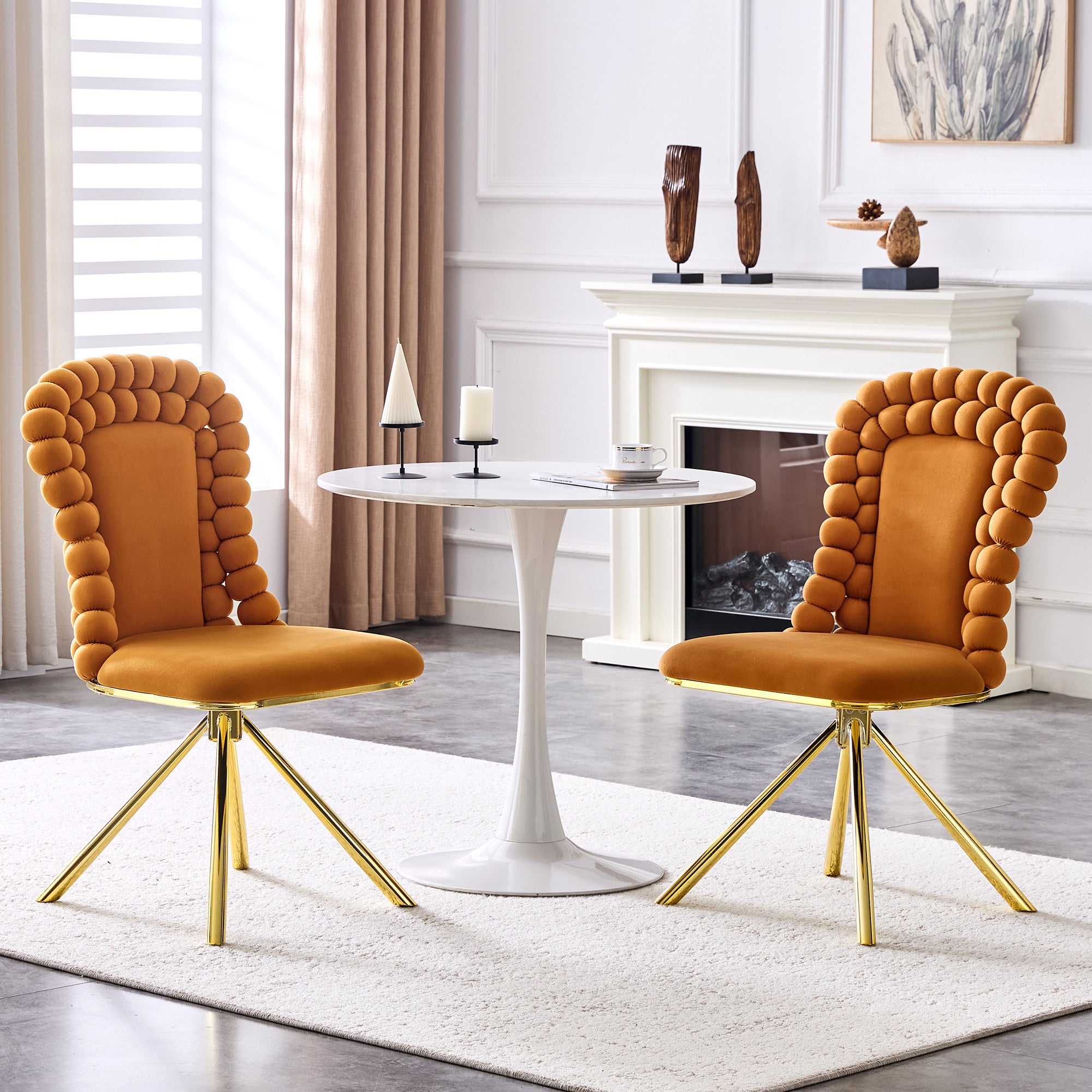 Set of Two Orange and Gold Velvet and Metal Partially Open Back Dining Side Chairs