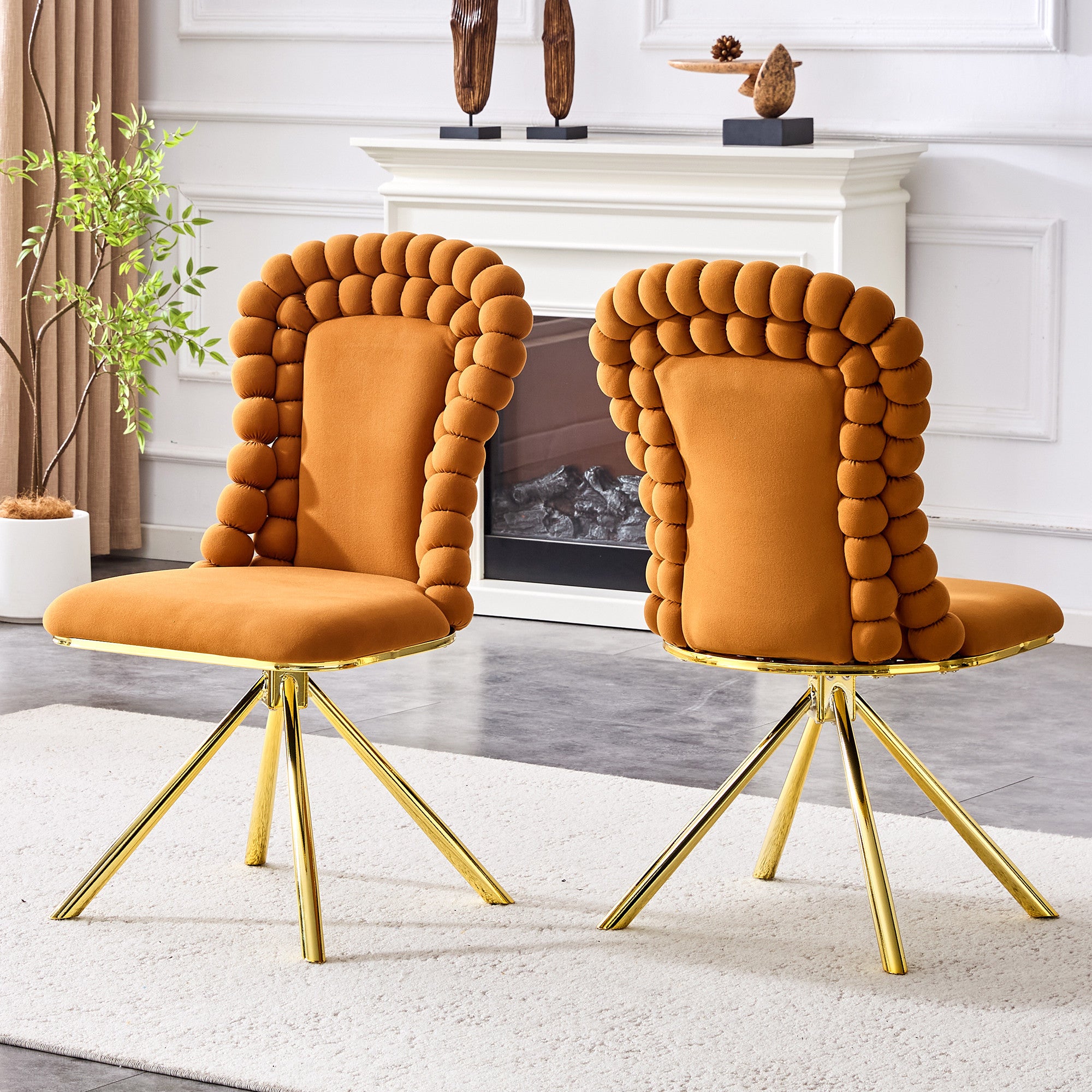 Set of Two Orange and Gold Velvet and Metal Partially Open Back Dining Side Chairs