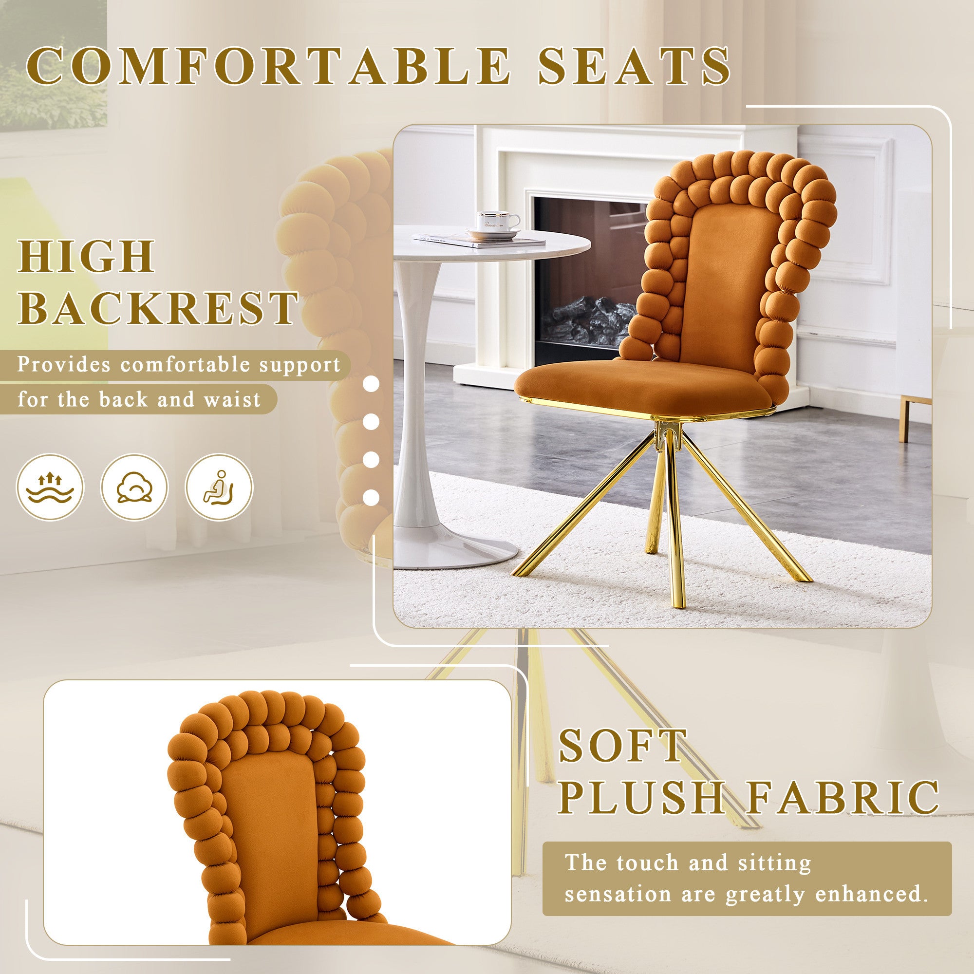 Set of Two Orange and Gold Velvet and Metal Partially Open Back Dining Side Chairs