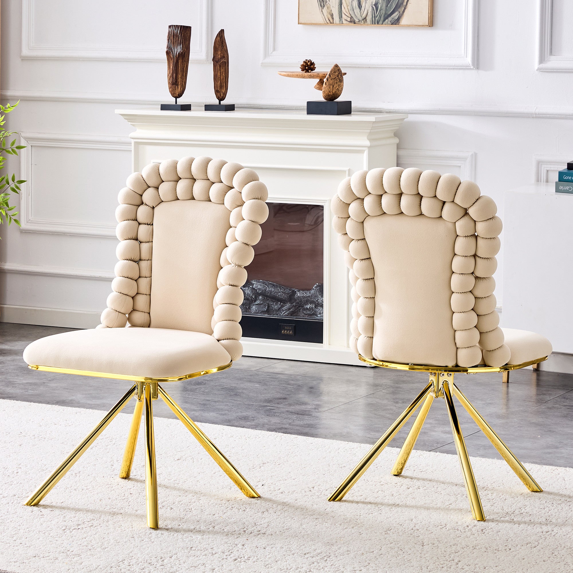 Set of Two Beige and Gold Velvet and Metal Partially Open Back Dining Side Chairs