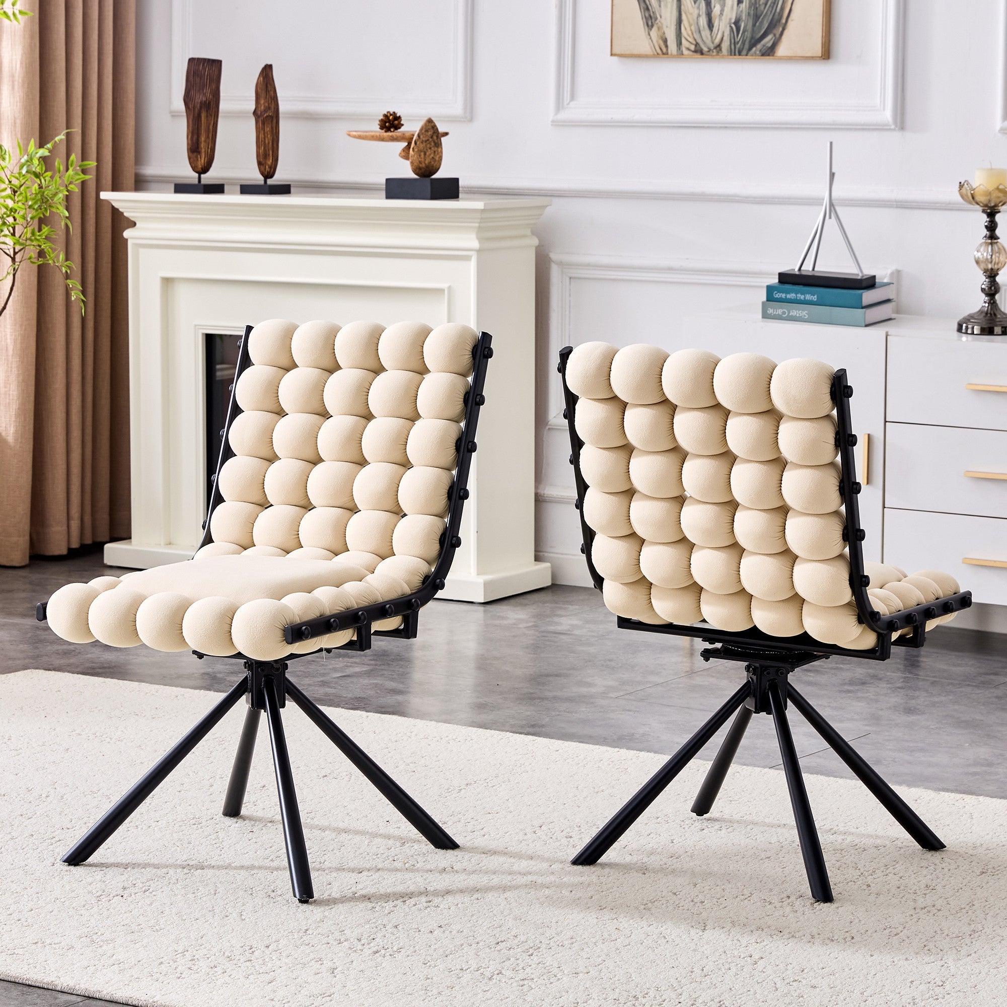 Set of Two Beige and Black Velvet and Metal Dining Side Chairs
