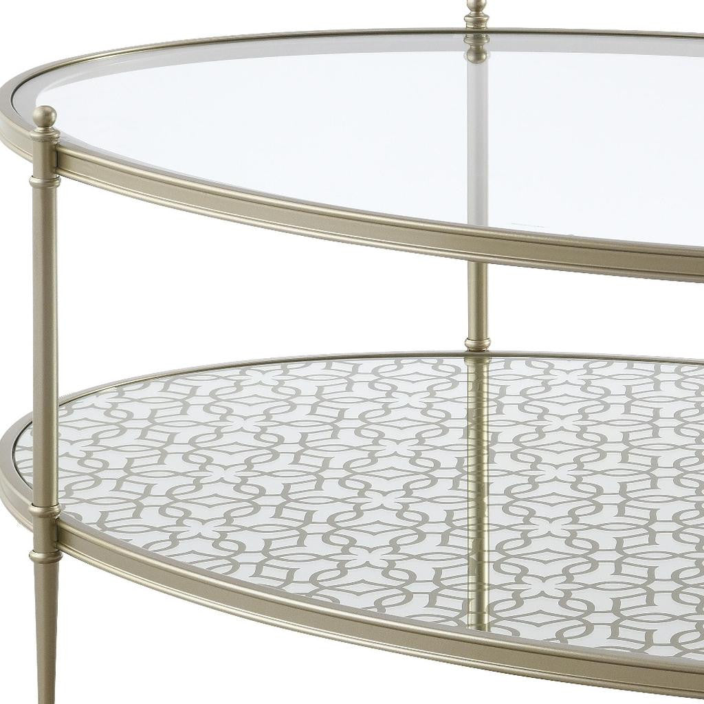 50" Clear and Champagne Glass and Steel Oval Coffee Table