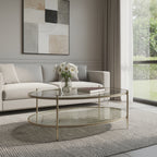 50" Clear and Champagne Glass and Steel Oval Coffee Table