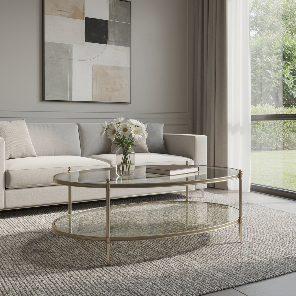 50" Clear and Champagne Glass and Steel Oval Coffee Table