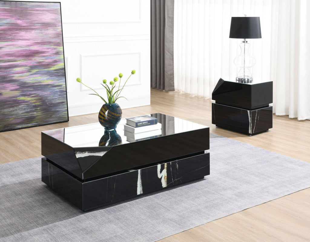 47" Black Mirrored Faux Marble and Glass Block Coffee Table