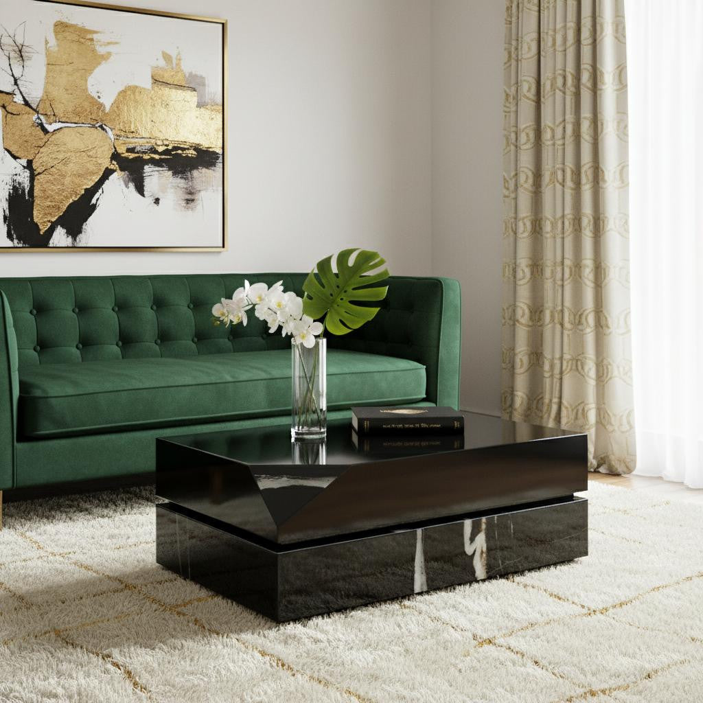 47" Black Mirrored Faux Marble and Glass Block Coffee Table