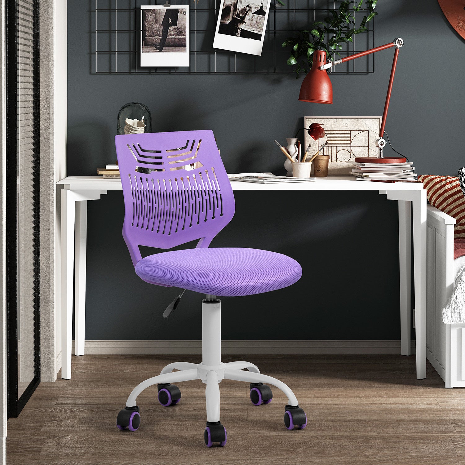 Purple and White Adjustable Height Swivel Rolling Office Chair