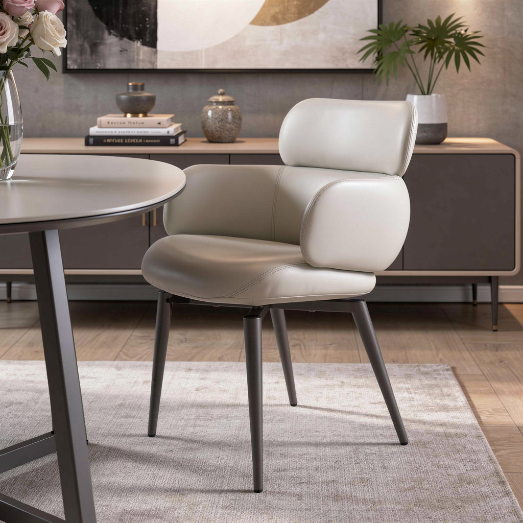 Light Gray and Black Faux Leather and Metal Dining Arm Chair