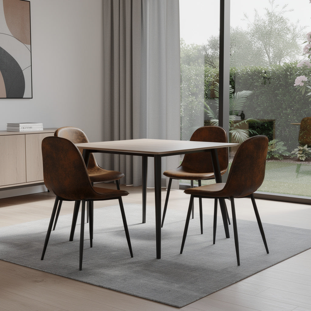 Set of Four Espresso and Black Faux Suede and Steel Dining Side Chairs