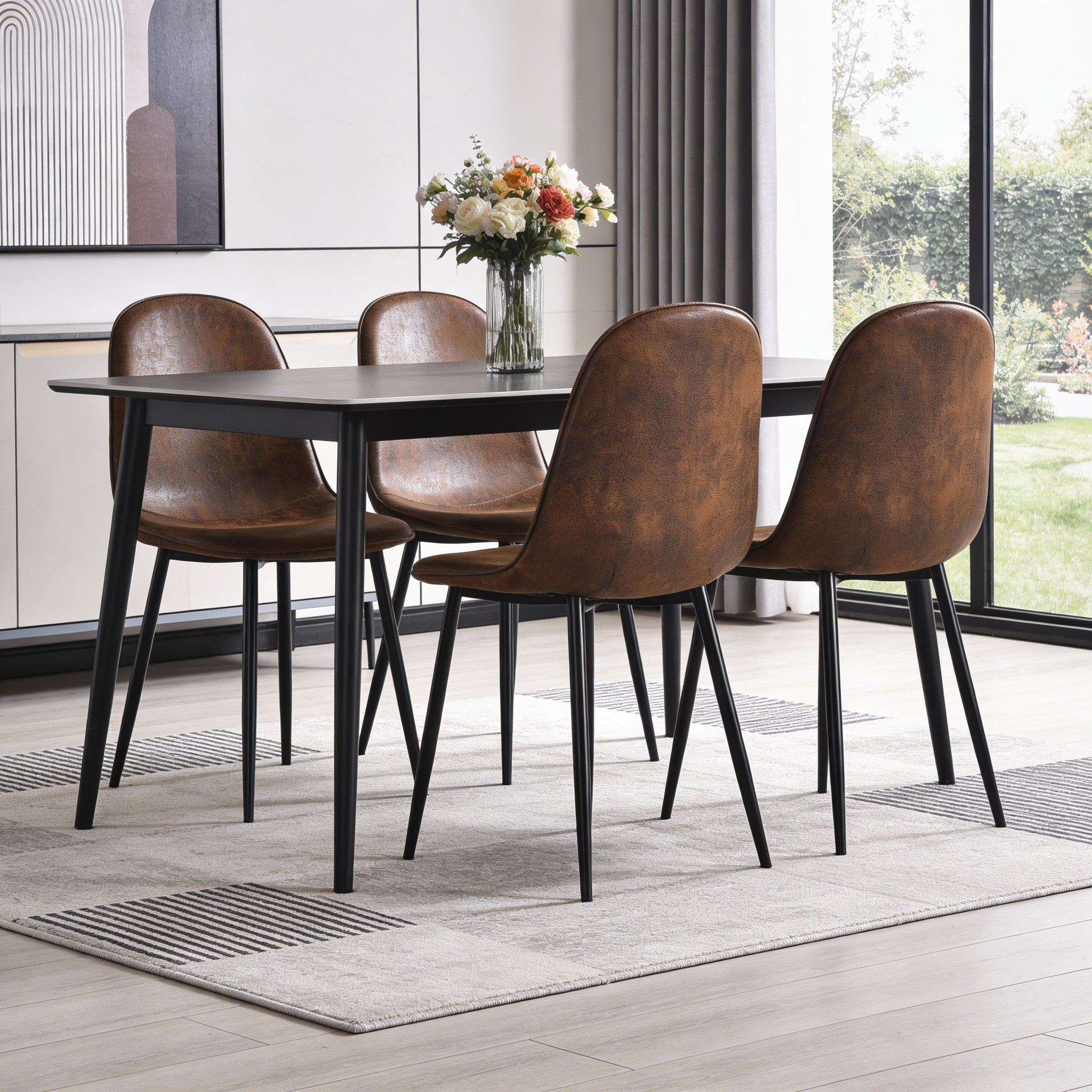 Set of Four Espresso and Black Faux Suede and Steel Dining Side Chairs