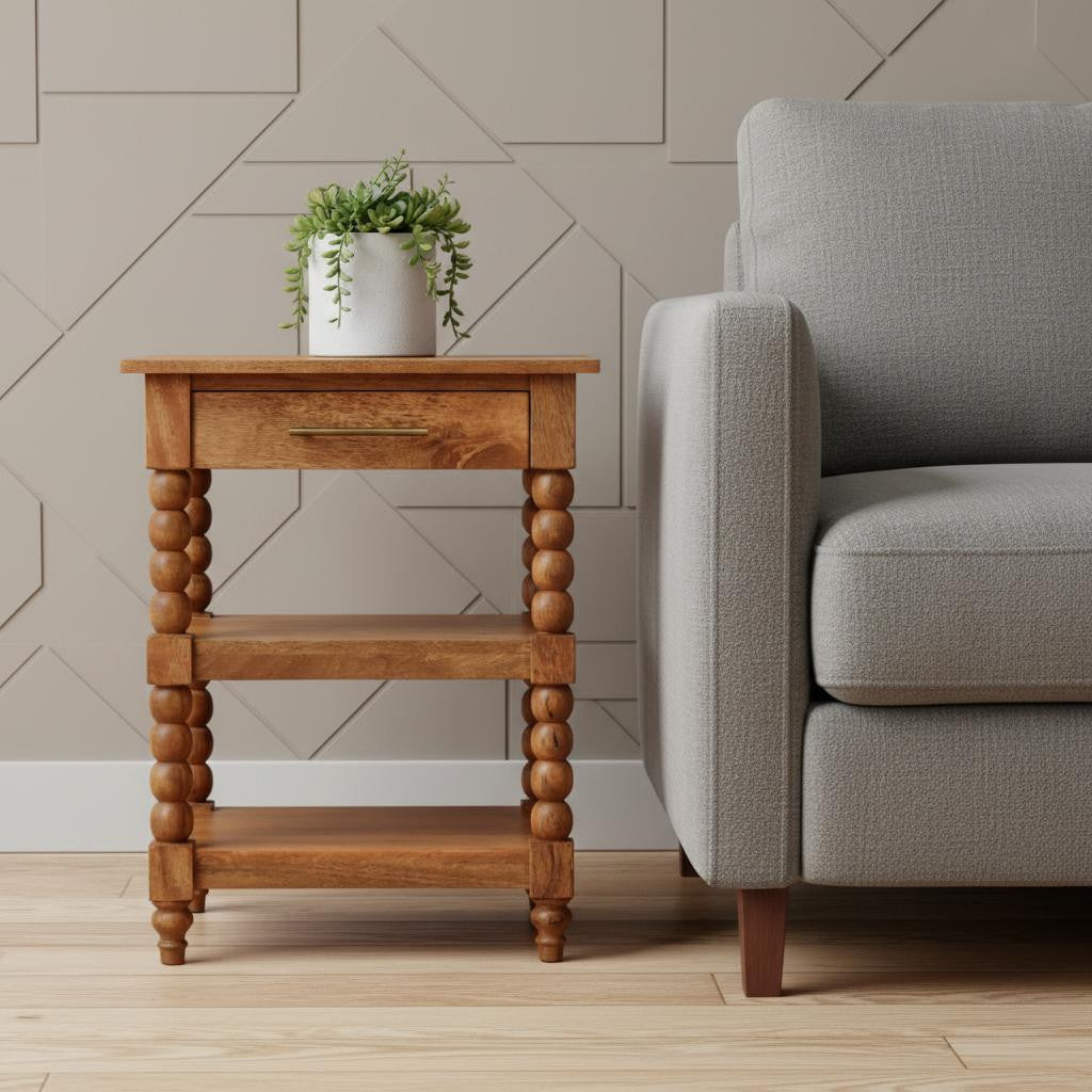 28" Brown Solid Wood and Wood End Table With Drawer And Shelf