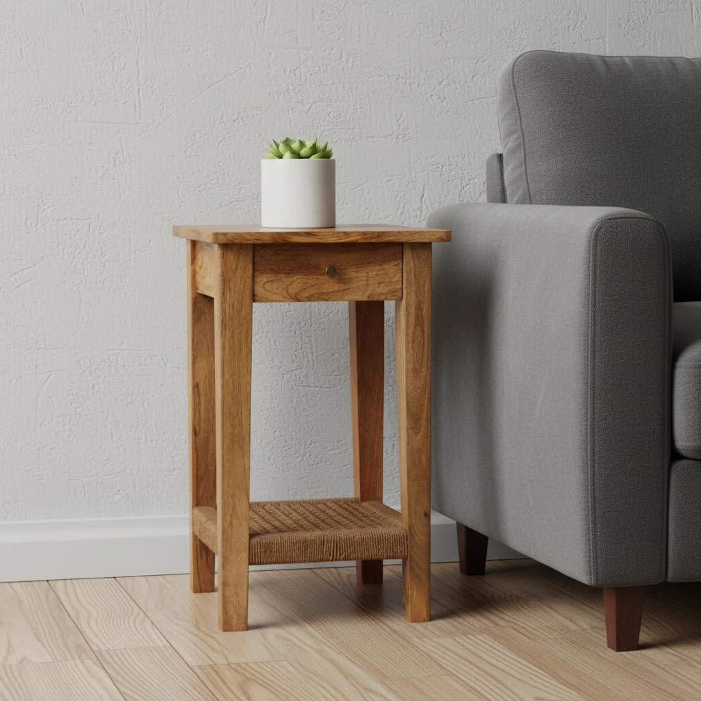 24" Brown Solid Wood and Wood End Table With Drawer And Shelf