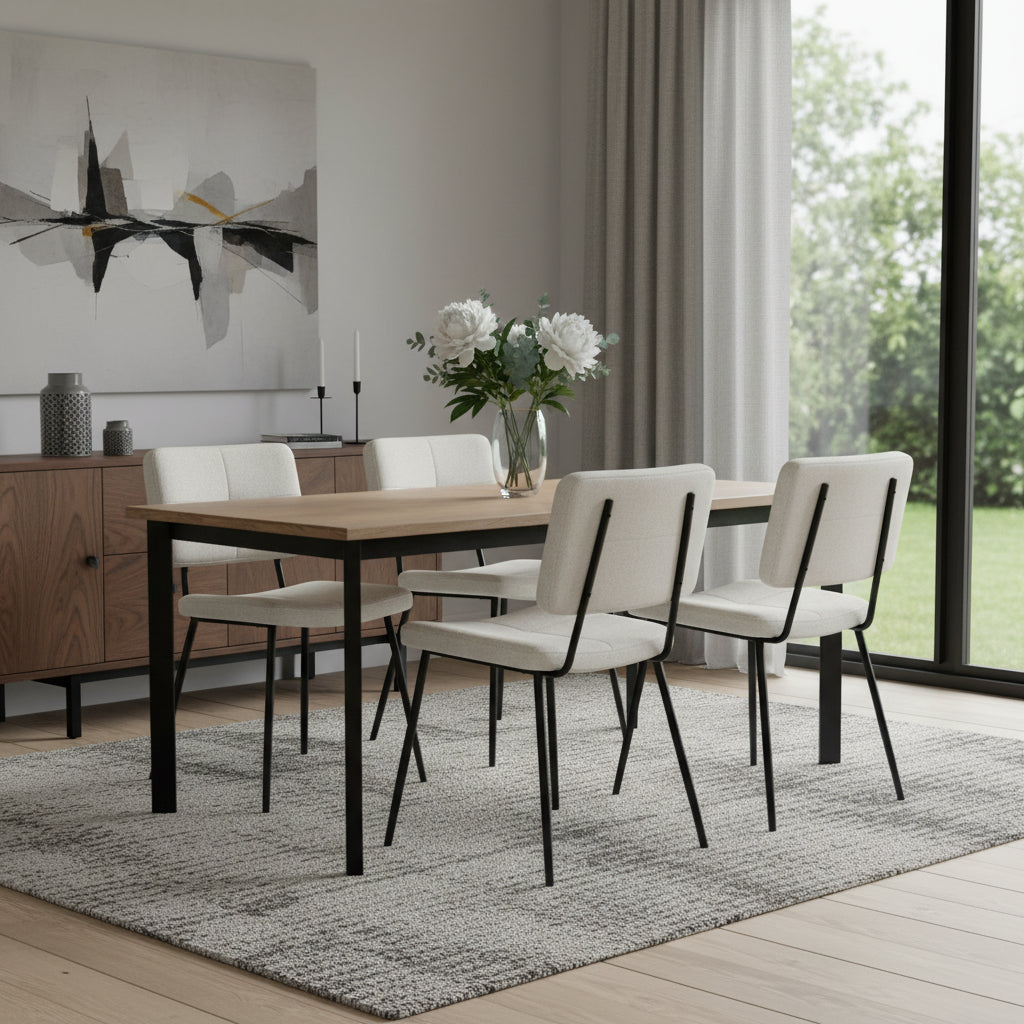 Set of Four Beige and Black Fabric and Steel Dining Side Chairs
