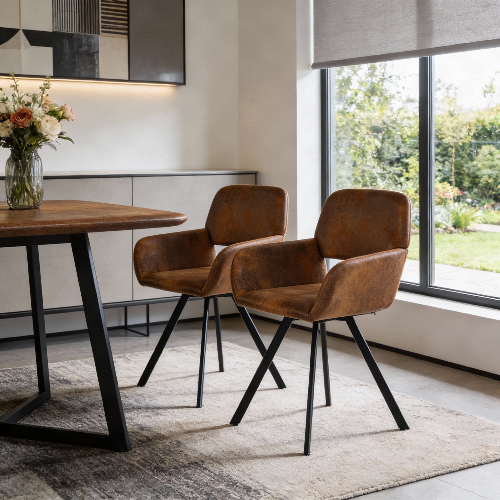 Set of Two Espresso and Black Faux Suede and Steel Dining Arm Chairs