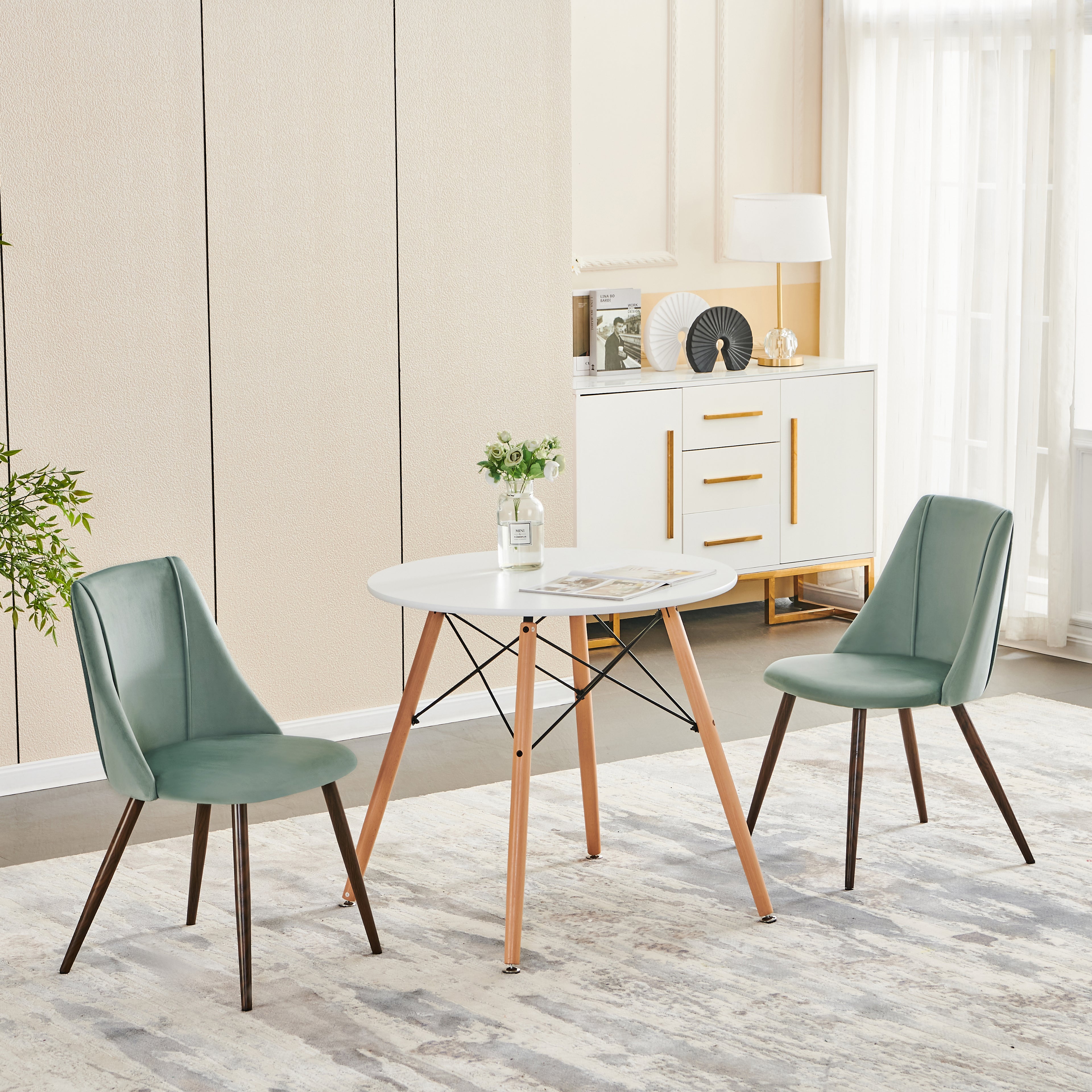 Set of Two Green and Brown Velvet and Steel Dining Side Chairs